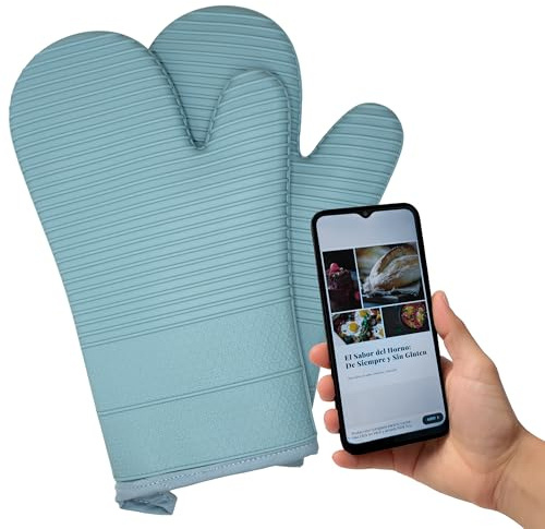 Set 2 Guantes de Horno Silicona SAXVI Home (Light Blue - Eco Edition) | Manoplas cocina, Sin caja exterior, antideslizantes, repostería, extralargos 31 cm, forro acolchado, QR con más de 40 recetas