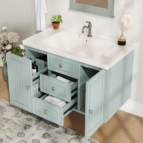 DACHETOU Mobile per lavandino, 3 cassetti, molto spazio, verde, 81 × 50,3 × 46,8 cm, lavabo sospeso, mobile da bagno con lavandino