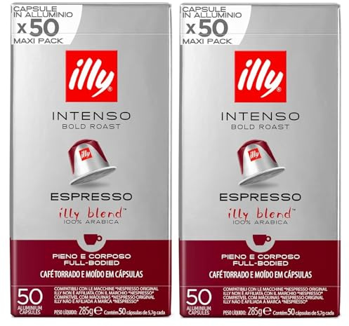 illy Intenso Aluminium Coffee Capsules Compatible with Nespresso Original Machines x50 (Pack of 2, Total 100 Pods) | 100% Arabica Dark Roast Coffee