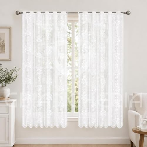 GBiancheria Tenda Bianca Chloe in Pizzo Trasparente con Asole, 60x150 cm