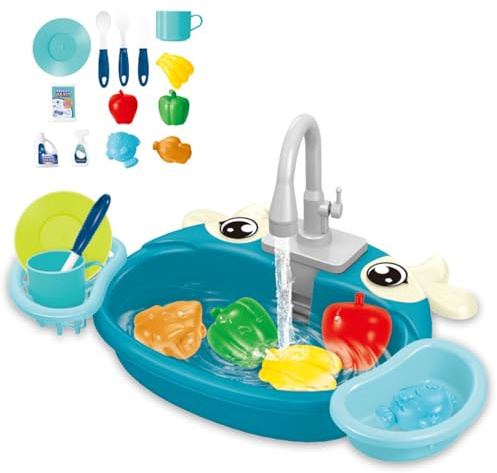 Play Sink with Running Water, Kitchen Sink Toys with Upgraded Electric Faucet, Play Kitchen Toy Accessories, Pool Floating Food Toys for Water Play, Kids Role Play Dishwasher Toy (Blue)