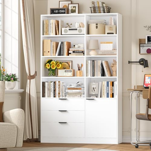 HOCSOK Bücherregal, 180,5 cm Hoch Bücherregal Weiß mit 3 Schubladen, Regal mit Türen, Bücherschrank Wohnzimmerschrank für Arbeitszimmer, Büro, Schlafzimmer, 28,5 x 103 x 180,5 cm