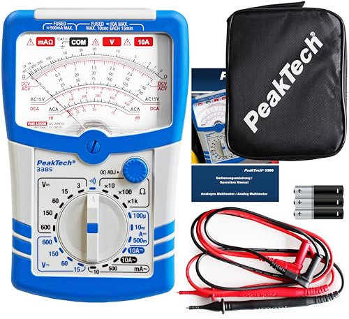 Multimetro analogico PeakTech P 3385, Dispositivo di misura con voltmetro, amperometro, tester di continuità, ohmetro, Fino a 600V AC DC 10A, adatto per installazioni elettriche a 230V