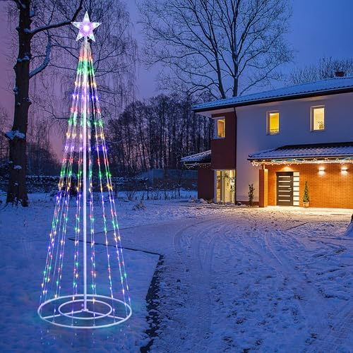 Alpine Corporation 7.2 Feet Tall Indoor/Outdoor Artificial Christmas Tree with 8 Functions, 300 Multi-Colored LED Lights, and Star Tree Topper, Holiday String Lights Decor