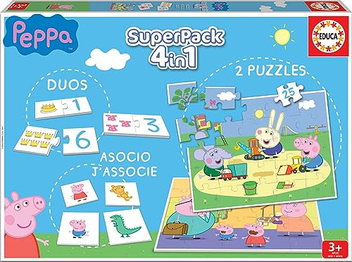 Educa - Peppa Wutz 4-in-1 Superpack | Domino, Memo-Spiel und 2 Puzzles je 25 Teile | Lernspielzeug Kinder ab 3 Jahren | Offiziell Lizenziertes Peppa Pig Spielset (16229)