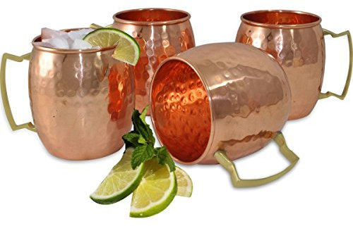 Prisha India Craft Juego de 4 tazas de cobre sólido Moscow Mule de 16 onzas, acabado lacado martillado 100% cobre puro, taza de cóctel, tazas de cobre, tazas de cóctel sin forro interior
