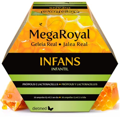 Dietmed - Megaroyal Infans - 20 x 15ml Ampollas Bebibles - Jalea Real Liofilizada 3:1 - Con Própolis y Lactobacillus acidophilus - Con Vitamina C, Hierro, Zinc y Vitaminas - Jalea nfantil Sabor Fresa