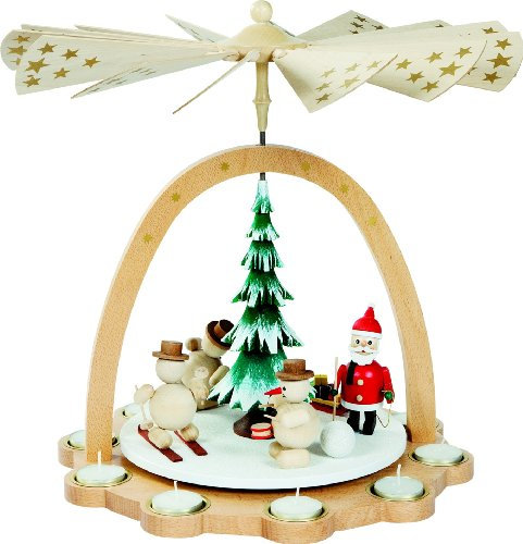 Pirámide de Navidad muñecos de nieve, 40 cm. de alto, natural con velas pequeñas, orginal de los Montes Metálicos (Erzgebirge) hecho por la empresa Richard Glaesser del pueblo de Seiffen