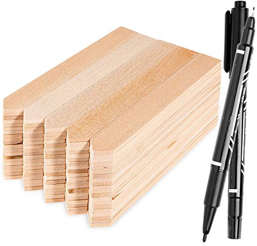 Whaline 100Pcs Wooden Plant Labels Pointed Wooden Garden Markers Waterproof Eco-Friendly Plant Sign Tags Decorative Garden Tags for Seed Potted Herbs Flowers Vegetables with 2 Marker Pen (15 x 2 cm)