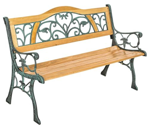 tectake® Trädgårdsbänk, 2-sitsig Bänk i Högkvalitativt Trä och Dekorativt Gjutjärn, Vädertålig, För Inom- och Utomhusbruk, Stabil och Robust, 124x60x83cm - Perfekt För Trädgård, Terrass och Balkong