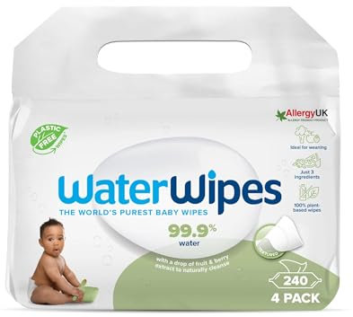 WaterWipes Sensitive+ Baby & Toddler Wipes, 240 Stück (4 Packungen), 3-in-1-Reinigung, Pflege, Schutz, 99,9% Wasser, strukturierte Reinigung, parfümfrei