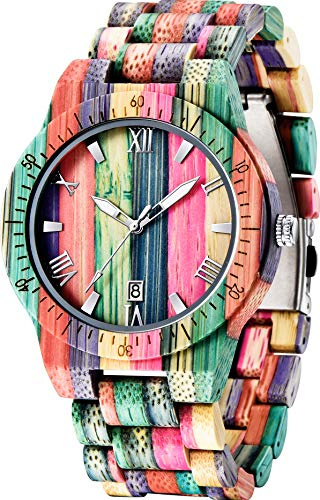 Dentily Wooden Watches for Men Handmade Colorful Bamboo Wood Watch Analog Quartz Men's Wooden Watch