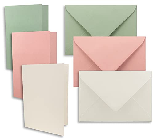 60x Kartenset DIN A6 / C6 in Altrosa, Eukalyptus, Naturweiß - Faltkarten mit Falz A6 10,5 x 14,8 cm & Umschläge C6 11,4 x 16,2 cm - Für Einladungen und Grußkarten zu Weihnachten & Geburtstag