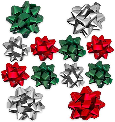 Set Ringelband Polyband Geschenk-Band Geschenkschleifen zum Basteln und Verpacken - glänzend & matt sortiert (silber - rot - grün, 12 Stück Geschenkschleifen)