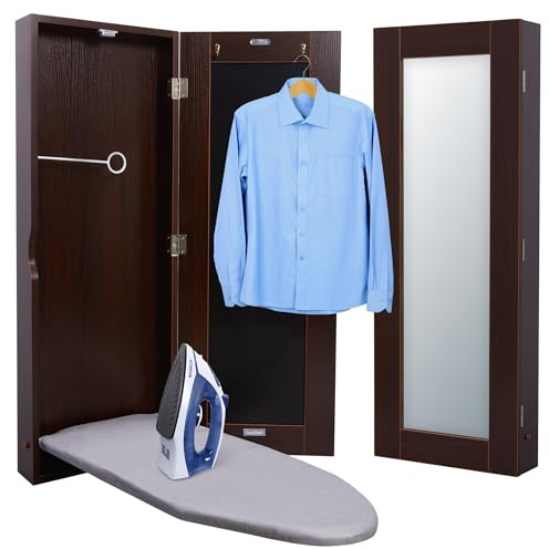 Ivation Wall-Mounted Ironing Board Cabinet, Foldable Ironing Storage Station for Home, Apartment & Small Spaces, Easy-Release Lever, with Miror Door, Walnut Color