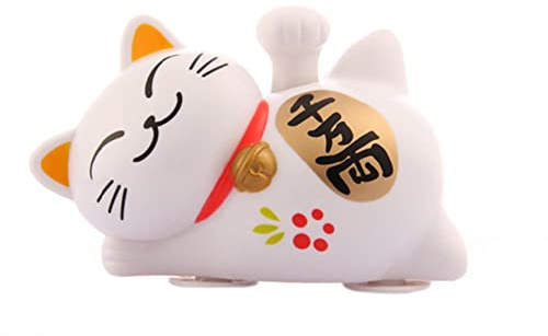 Solar Energy Powered White Maneki Neko Beckoning Waving Arm Japanese Lucky Cat for Home Office and Car décor (Ten Million)