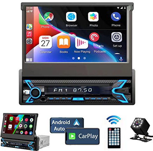 Naifay Single Din Car Stereo Compatible with Apple Carplay & Android Auto, 7inch Flip Out Touchscreen Car Radio with Bluetooth Foldable Car Audio Receivers, Mirror Link/Camera/FM/USB/AUX/TF/Subwoofer
