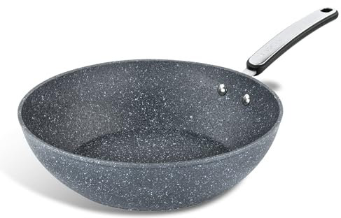 Scoville Expert Neverstick+ 28cm Wok Pan, Non-Stick Deep Stir-Fry Pan, Ergonomic Handle, Suitable for All Hobs Including Induction, PFOA Free, Dishwasher Safe, Thick Gauge Aluminium, Grey