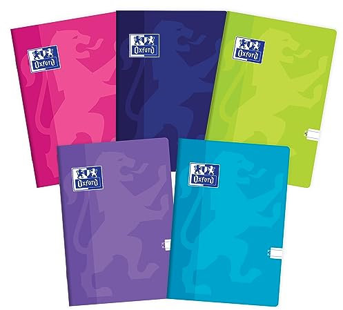 Oxford Touch Schulheft A5 Kladde 32 linierte Blätter mit Seitenrand, Optik Paper 90 g, samtweicher laminierter Umschlag, Notizblock Set für Büro & Schule, 10 Stück-Packung, Farbenmix