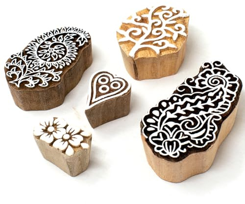 Floral Design Wooden Stamp Block for Printing - Handcarved Printing Stamps for Scrapbooking Fabric Textile Clay Pottery Craft and Tattoo (Set of 5) Hashcart®