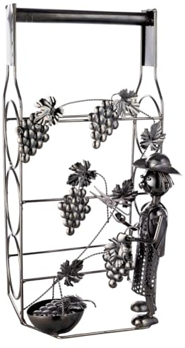 GILDE Decorative Bottle Holder – Freestanding Wine Rack with Grape Vines Decoration – for 3 Bottles – Bottle Rack Made of Nickel-Plated Metal – Colour: Silver Height 43 cm