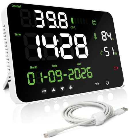 Sonomètre 30~130dBA Grand LED Professionnel Sonomètre Décibelmètre Décibel/Température/Humidité/Temps/Calendrier avec Alarme et Câble USB pour Bureau à domicile école Bar Usine