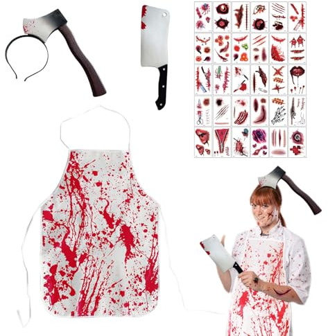 OUMDON Metzger Kostüm Halloween: Blutig Schlächter Kostüm Set mit Blutige Schürze Messer im Kopf Haarreif blutiges Messer und Aufkleber für Halloween Karneval Kostüm Party