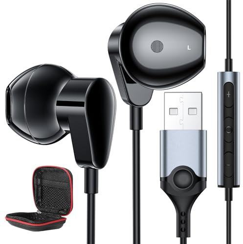 Écouteurs PC avec Microphone,Léger Casque USB A avec Câble 2,3M pour Jeux Vidéo,Intra-auriculaire Gaming Casque Filaire pour Ordinateur Portable Contrôle Audio pour Bureau Diffusion en Direct PS4 PS5
