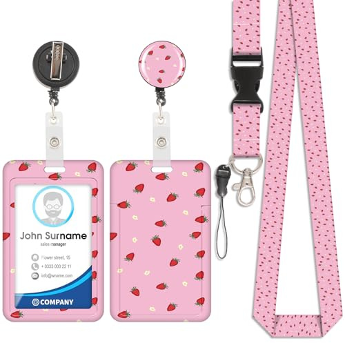 Niedliche Erdbeere Lanyard Kartenhalter, ID-Ausweis, Lanyard Kartenhalter, abnehmbare Schnur mit einziehbaren Clip für Schlüsselbund, Visitenkarte, Türkarte, ID-Karte