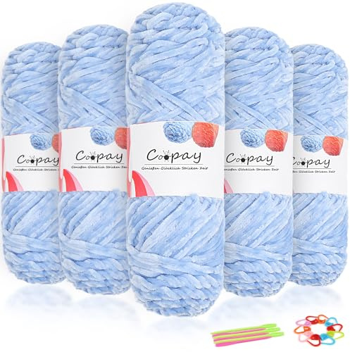 Coopay Samt Chenille Wolle zum Häkeln, 500g (5x100g) Velvet Chenillegarn, Dicke Wolle zum Stricken, Flauschige Weiche Samtig Chenillewolle mit Häkelzubehör für Schals, Decken - Hellblau