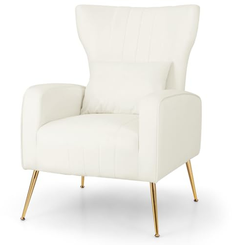 RELAX4LIFE Modern Accent Chair, Upholstered Wingback Lounge Armchair Single Sofa with Lumbar Pillow & Metal Legs, Mid-century Velvet Tufted Comfy Reading Fireside Chair for Living Room Bedroom (White)