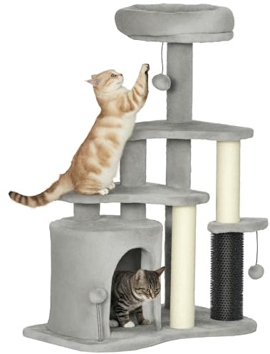 PawHut Kratzbaum 87 cm Katzenbaum mit Katzenhöhle, Bett, Spielbälle, Katzenkratzbaum mit Sisal-Kratzsäulen, für Katzen bis 5 kg, Hellgrau