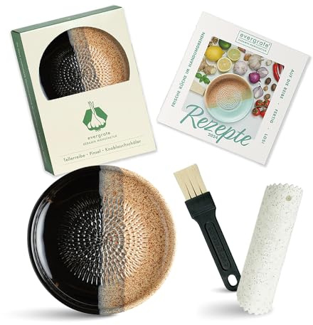 Evergrate® Keramikreibe Desert mit Geschenkbox – mit Reibe, Knoblauchschäler, Rezeptheft & Pinsel – Handgefertigt für Ingwer, Knoblauch & mehr – Spülmaschinenfest & langlebig