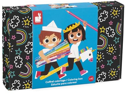 Janod - Malbox mit 42 Teilen - 12 Malvorlagen, 10 Filzstifte, 5 Glitzerfilzstifte, 7 Zauberstifte, 8 Buntstifte Wiederverwendbare Box - Ab 3 Jahren - J07419