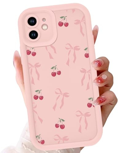 Phoona Case for iPhone 11 6.1, Cute Aesthetic Design Bow Cherry Preppy Pattern, Silicone Soft TPU Shockproof Protective Camera Cover Phone Case for Girls Women, Pink Bow