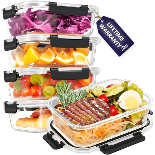 HOTEC 35OZ Glass Food Storage Container, Airtight Glass Lunch Fruit Containers with Lids - Microwave, Oven, Freezer and Dishwasher Safe, 4-PACK