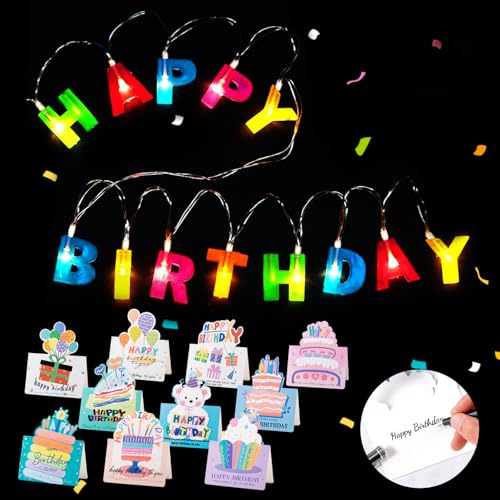 Shinybox Happy Birthday Lights Lichterkette mit 13 LEDs, Bunte Buchstaben Lichterkette mit 10 Geburtstagskarten, Batteriebetrieben, Happy Birthday Partydekoration für Weihnachten, Party, Geburtstag