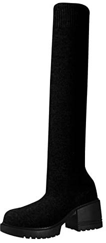 YIzdegg Stivali da donna sopra il ginocchio, stivali da donna con tacco a blocco, eleganti stivali alti al ginocchio, caldi casual lunghi, scarpe invernali con punta tonda, elastici e comodi, Nero