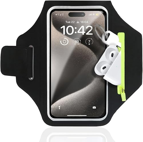 Lightweight Sports Armband Phone Holder with Zip Pocket – Waterproof, Adjustable, Touchscreen Compatible, Anti-Theft Pocket – Fits Smartphones Up to 6.9” – Comfortable Fit for Running, Cycling, Gym &