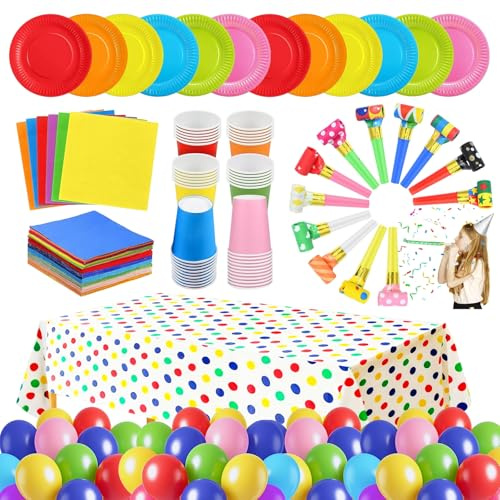 222 Pieces Colorful Rainbow Party Tableware Set - Tablecloth, Colorful Balloons, Party Blowers Whistles, Paper Plates, Cups, Napkins, Multicolor Dinner Plates, Luncheon Cocktail Napkins for Birthdays