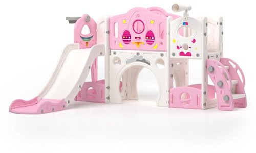 9-in-1 Rocket Toddler Slide with Climbing Ladder,Tunnel and Basketball Hoop, Indoor Outdoor Garden Slide Set for Kids, Children's Playground Toy, Play Equipment for Age 1-6 (Pink)