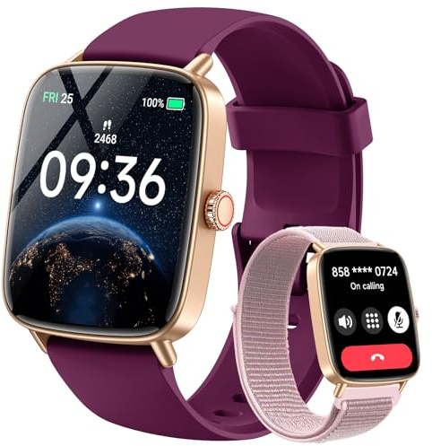Smartwatch Damen mit Telefonfunktion 1.85 2 Armbänder Fitnessuhr Fitness Tracker Herzfrequenz/SpO2/Schlaf/IP68 Wasserdicht Sportuhr Schrittzähler Uhr für Samsung Android iOS Purple