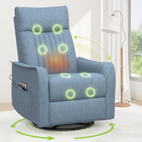 sisolos Fernsehsessel Massagesessel mit Liegefunktion, Relaxsessel mit Wärme und Massage, 360°Drehbarer TV Sessel Wohnzimmer, Schaukelstuhl mit Gepolsterte Kopfstütze, 2 Seitentaschen