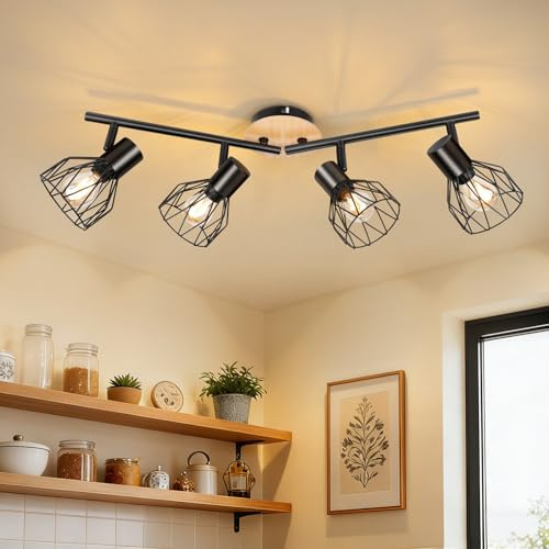 Dehobo Deckenstrahler 4 Flammig, E14 Led Deckenlampe Holz Wohnzimmerlampe | LED Deckenleuchte Schwenkbar 350°, Deckenleuchte LED Schwarz, Deckenleuchten Lampen für Küche,Schlafzimmer, Nein Leuchtmittel