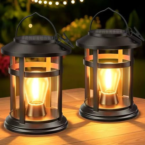GEARLITE Solar Lanterns for Outside 2 Pack, Upgraded Bright Hanging Solar Lights Outdoor Garden,15+ Hours IP65 Waterproof Garden Ornaments Outdoor for Garden Patio Yard Decor, Ideal Gifts for Women