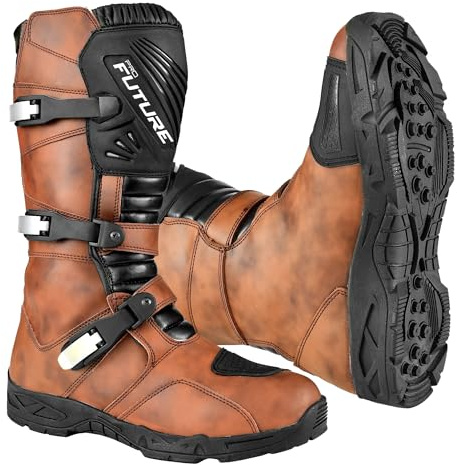 PRO FUTURE Stivali da Moto Adventure Uomo in Pelle Marrone Lunga, con Fibbie e Suola in Gomma, Stivali da Moto (Marrone, Normal, Sistema Taglie Calzature EU, Adulto, Uomo, Numero, Media, 42)