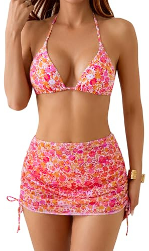 Wantonfy Traje de Baño Mujer 3 Piezas Bikini Triángulo Sexy Push Up Estampado Falda de Playa de Tul con Cordón