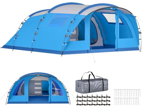 Outsunny Tienda de Campaña Familiar para 5 Personas Tienda Camping Plegable Tipo Túnel con 3 Habitaciones Puerta 4 Ventanas Impermeable 3000 mm Porche Bolsa Fácil Montaje para Pescar Senderismo Azul