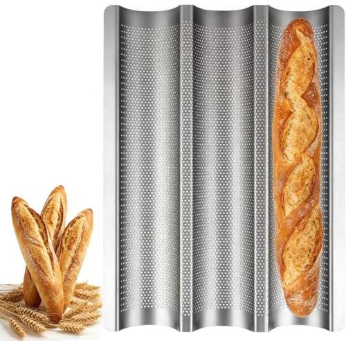 UQMIQURA Bandeja para baguettes para 3 baguettes, molde antiadherente, molde para panecillos de acero al carbono, molde para hornear pan, accesorios para hornear, ideal para la fabricación de