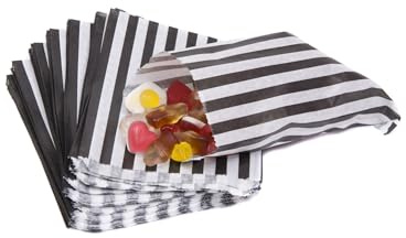 100 Candy Stripe Paper Sweet Bags | Black | 5” x 7” 125mm x 175mm | Multipurpose Use for Sweets, Popcorn, Kids Party bags, Wedding Favours, Pick and Mix & Cookies!